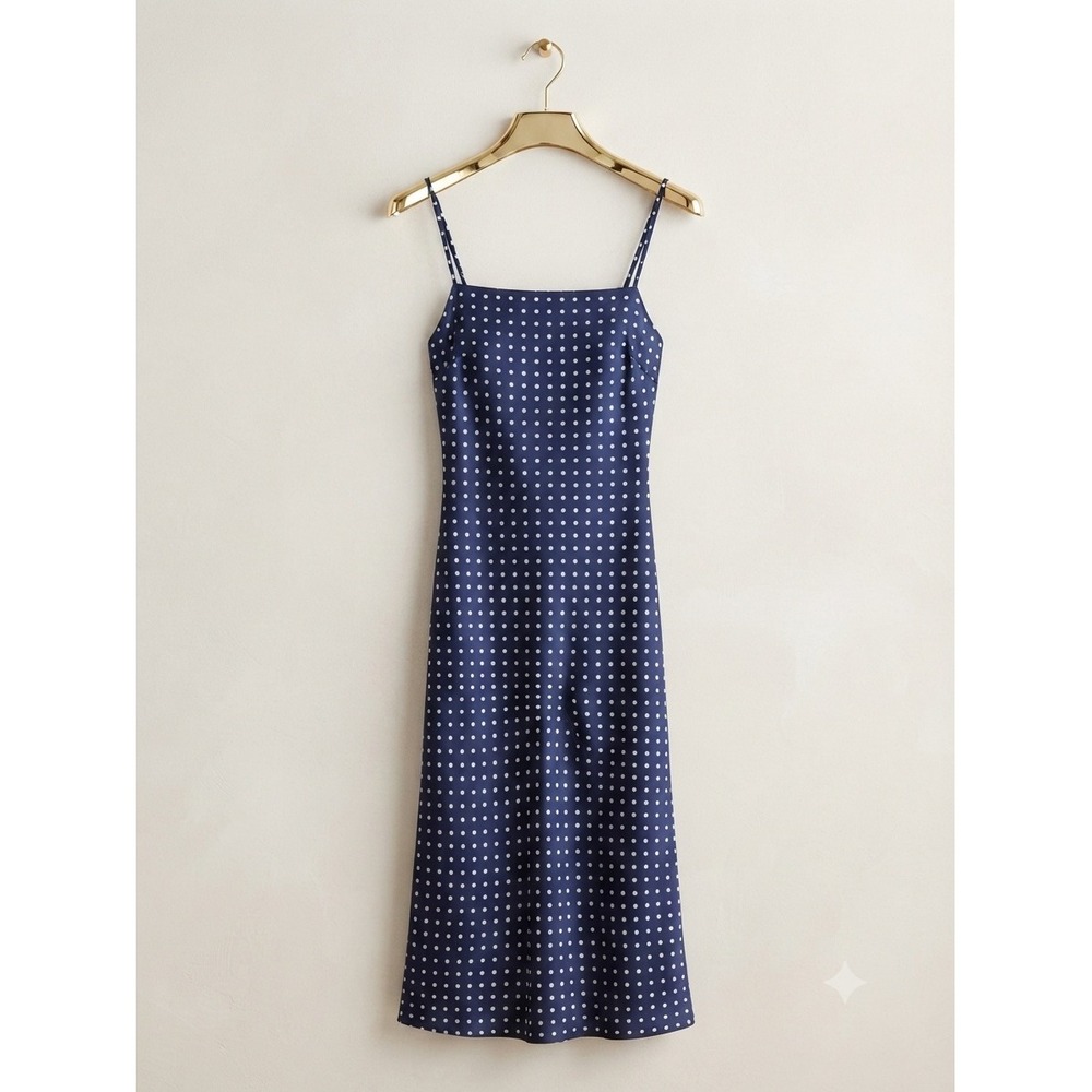 Urban Outfitters Slip Dress Womens‎ XS Navy Polka Dot Satin Midi Square Neck